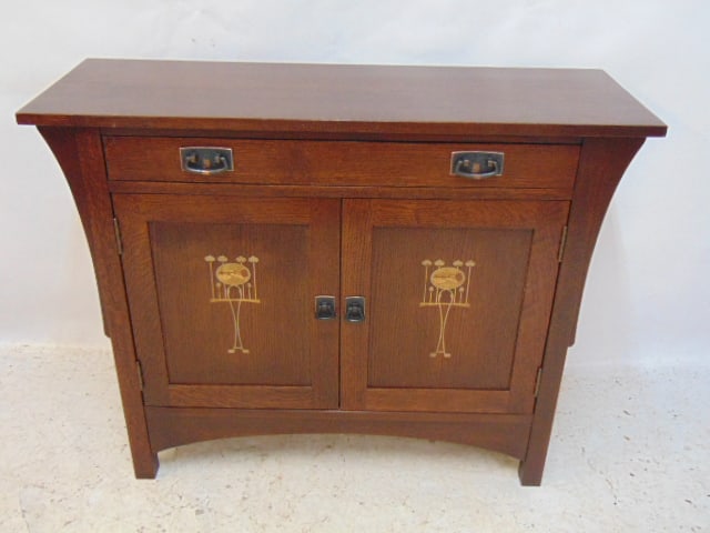 Small double door Harvey Ellis / Gustav Stickley inlaid cabinet, single drawer over two doors, doors (1 of 5)