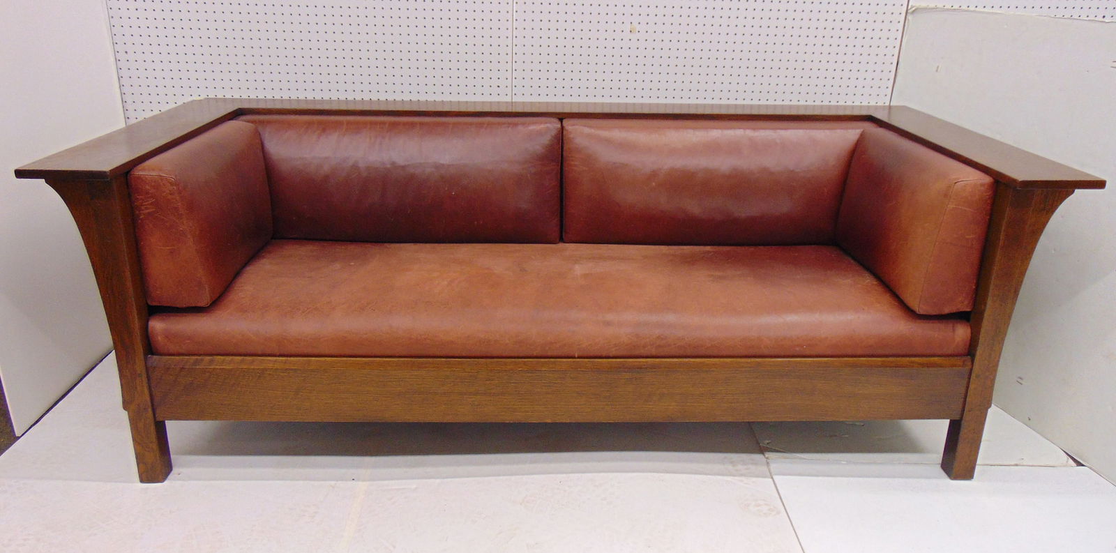 L&JG Stickley panel sofa, with leather seat, back pillows, sofa is 84.5" long, 37.5" deep, height is (1 of 12)