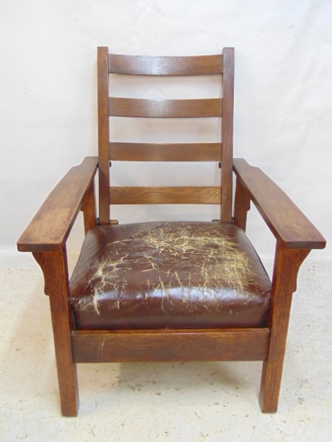 Gustav Stickley Morris chair, signed, with leather pillows, chair is 30.5" wide, 33" deep.  early (1 of 6)