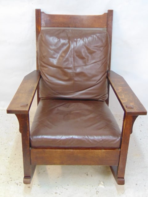 Gustav Stickley rocking chair, ladderback with leather pillows, unsigned.: Gustav Stickley rocking chair, ladderback with leather pillows, unsigned.