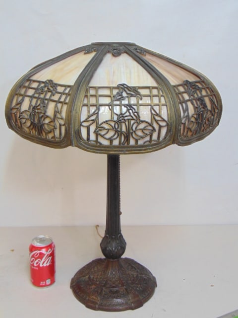 Slag glass panel lamp, signed EL 129, decorative base with 8 panel shade, lamp is 23.75" tall, glass (1 of 7)