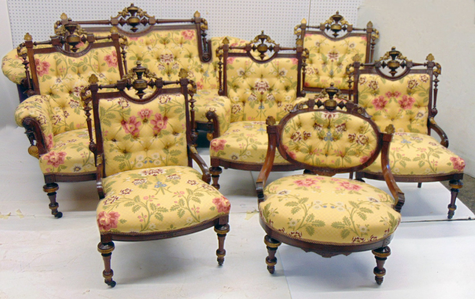 Victorian rare parlor set in rosewood with carved & gilt detail, set includes sofa, 3 arm chairs, (1 of 16)