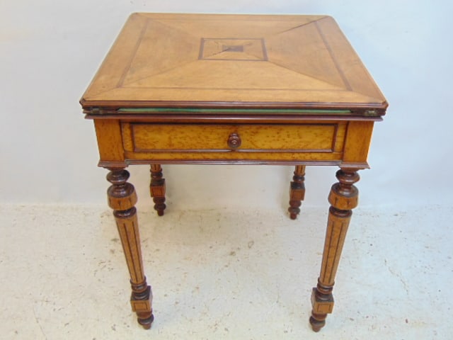 Herter style handkerchief game table in birdseye maple, top is 24" by 24" (33" by 33" open), height (1 of 6)