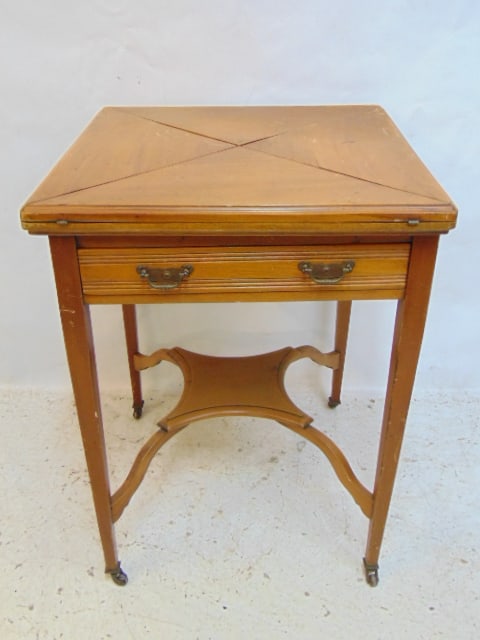 Victorian handkerchief game table with drawer, top is 22" by 22" (31" by 30.75" open), height is (1 of 5)