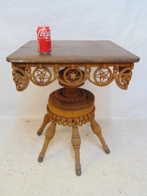 Nautical sailor made table with knotted rope base, oak top, top is 24" by 24", height is 30" ca 1880 (1 of 6)