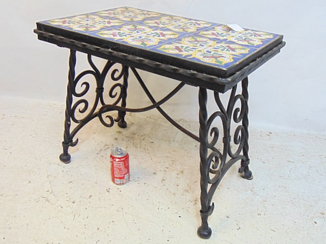 Tile top iron base side table, wrought iron base, top has 6 large floral decorated tiles, top is 24" (1 of 4)