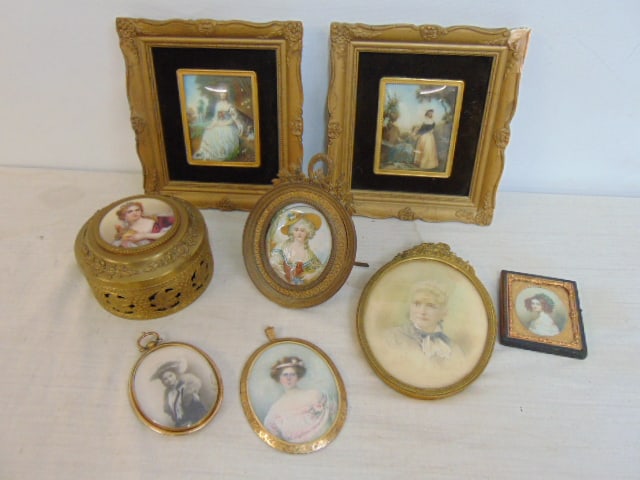Lot 8 miniatures, pair small portraits, gilt metal box with portrait on porcelain lid, plus 5 small (1 of 6)