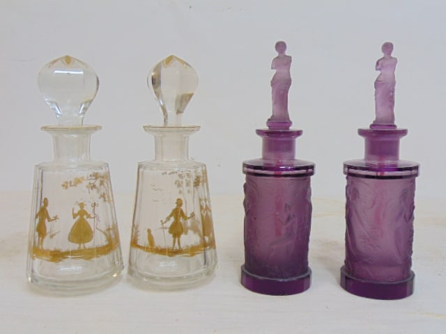 2 pair glass perfume bottles, clear glass with gilt scenes & pair Czech purple bottles with Art Deco (1 of 8)