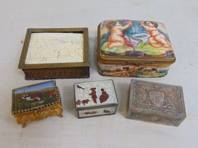 5 small, miniature boxes, French porcelain box with putti, small brass box with faux ivory lid, (1 of 11)