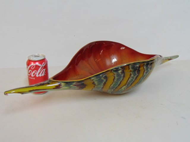 Large art glass bowl, centerpiece, signed illegibly, organic, shell like shaped, bowl is 27.5" long, (1 of 5)
