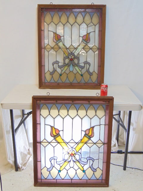 Pair leaded glass windows, crossed torches with ribbon design, one torch column is cracked, and one (1 of 5)