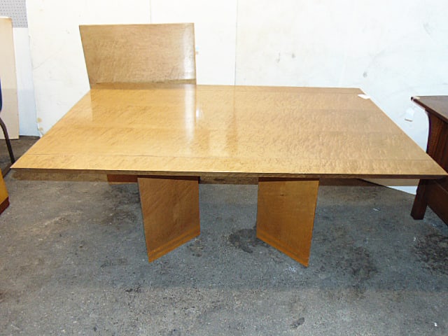Saporiti dining table with leaf, burl wood top, 42.5" by 63", on two triangular shaped bases, some (1 of 12)