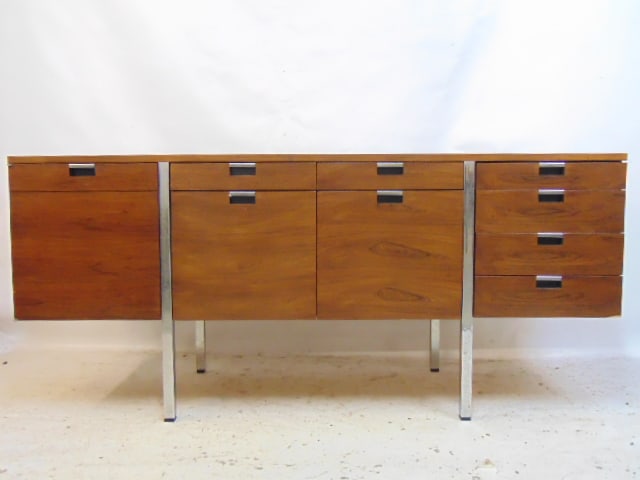 Mid-Century Dunbar rosewood sideboard/cabinet, #1060 with chrome legs, minor veneer damage & chrome (1 of 4)