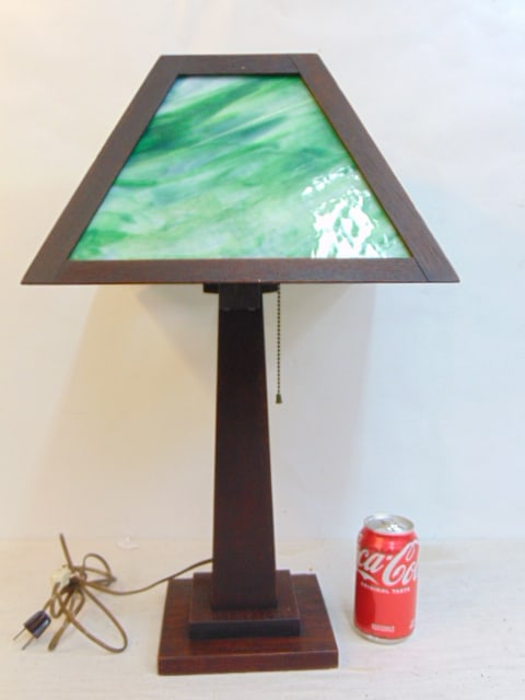 Arts & crafts table lamp with green slag glass shade, lamp is 23" tall, shade is 13.5" by 13.5" (1 of 4)