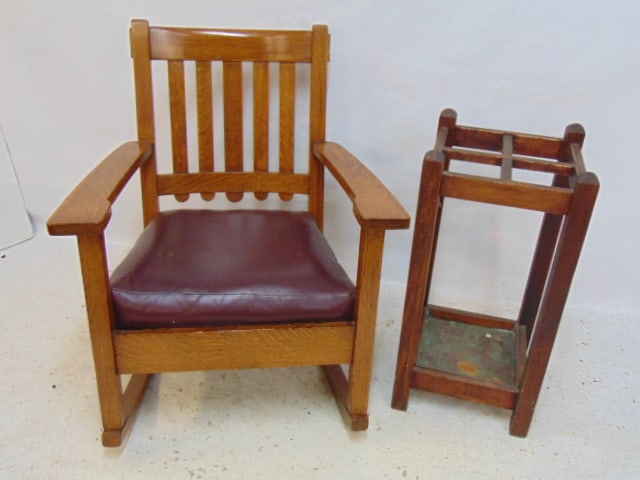 Mission oak rocker & umbrella stand with copper insert (1 of 4)
