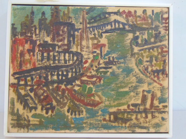 Painting, cityscape, suspension bridges, river, probably New York, insigned, oil on canvas board, 8" (1 of 4)