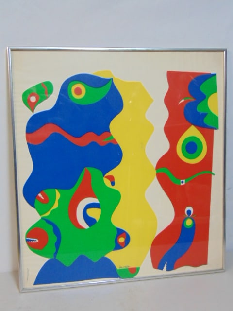 Lithograph, composition in bright colors, Sam Martin, 26/100, glass has small crack, 25.5" by 23.5", (1 of 5)