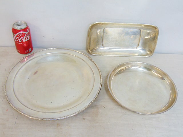 3 sterling silver trays, 2 round, one rectangular, larger round tray is 13" in diameter, smaller (1 of 5)