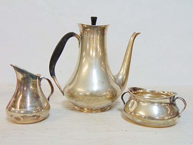 Cohr, Danish 3 piece '830 silver tea set, teapot, creamer, sugar bowl, 24 troy, including wood (1 of 5)