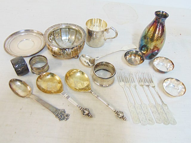 Lot mixed silver assays, Japanese sake bottle with 3 cups, Japanese cup, Japanese cocktail forks, (1 of 8)