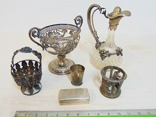 Lot early silver assays, cup, 3 reticulated bases, small box & bottle with silver handle, lid, total (1 of 5)