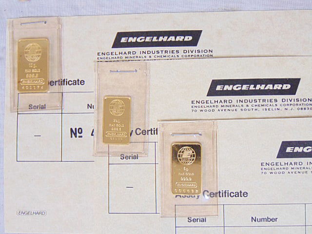 3 gold ingots, 2.5, 5 & 10 grams of fine .999 golds, (17.5 grams), issued by Engelhard Industries (1 of 5)