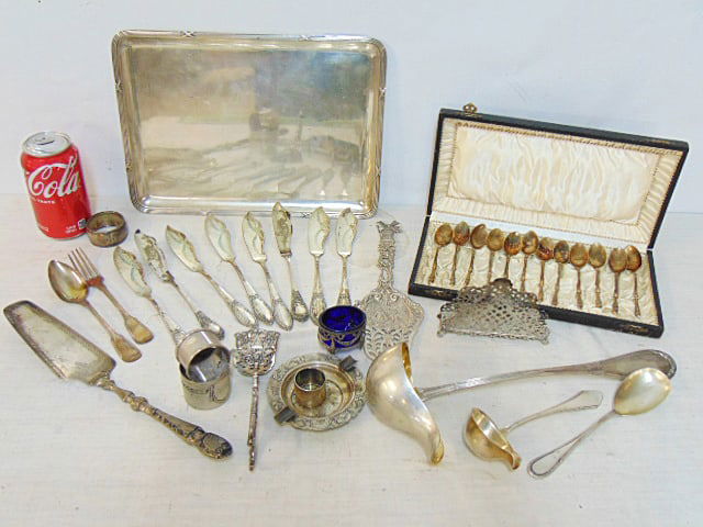 Lot of '800 silver, serving tray, plus variety of flatware & serving pieces, includes large ladle & (1 of 8)