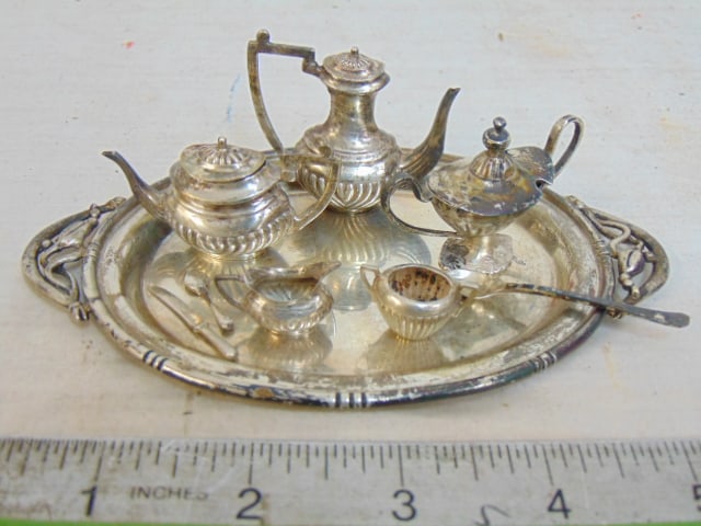 Miniature sterling silver tea set, serving tray with coffee, tea pots, covered bowl, spoons, 3 troy, (1 of 8)