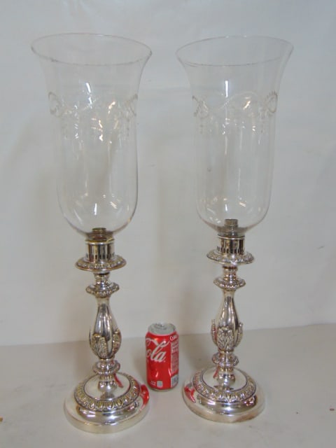 Pair heavy Sheffield candle holders with wheel cut hurricane shades, sticks are 12.5" tall, with (1 of 6)