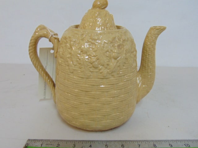 J.E. Jeffords & co pottery pitcher, Phila. PA, tea pot with lid, in beige with acorn decoration. (1 of 6)