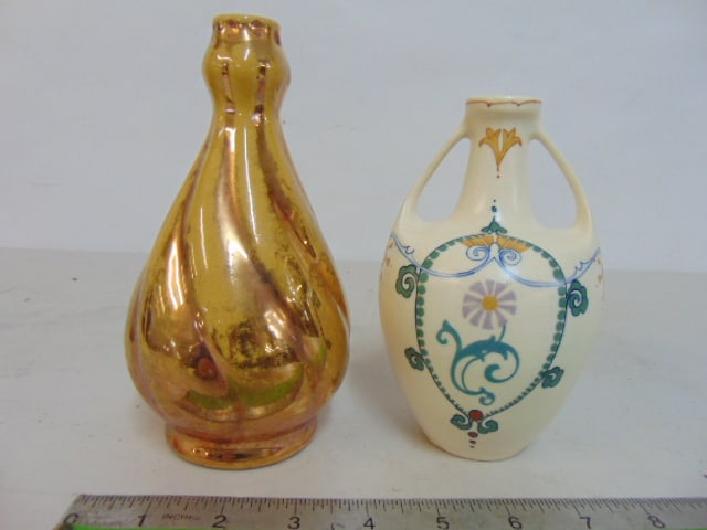 2 vases, Arc-en-Ciel vase in gilt, has chip on base & small double handles white vase with (1 of 5)