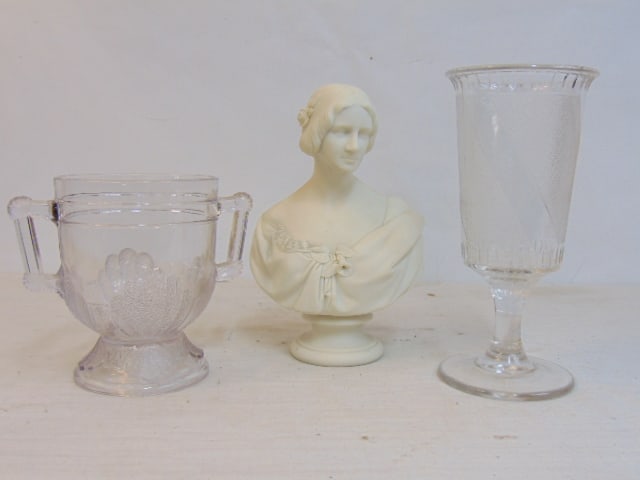 Copeland Jenny Lind parian bust & 2 pc pressed glass, bust is signed Joseph Durham, height is 8.25" (1 of 6)