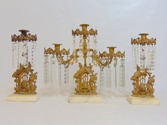 3 piece girondol set, beehive, gilt metal with hanging crystals, some crystals missing (1 of 4)