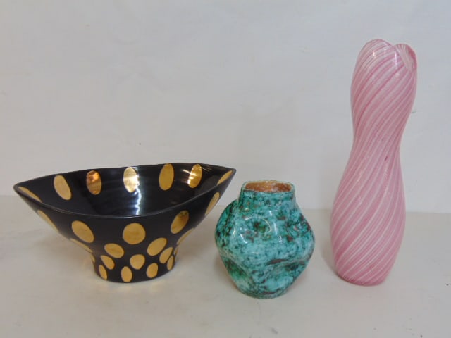 3 piece ceramic & art glass, Murano vase, Italian ceramic bowl in black decorated with gold ovals (1 of 8)