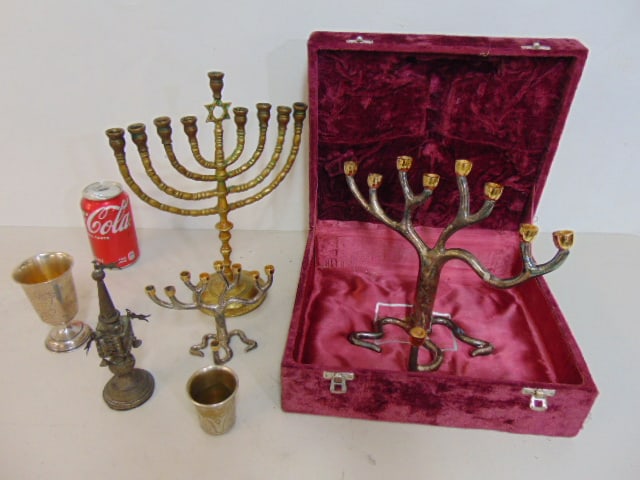 Judaica lot, silver spice tower, silver cups, small silver plated cup, brass Menorah, & 2 silver (1 of 5)