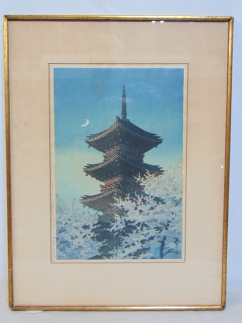 Japanese woodblock print, pagoda, temple, signed in margins, 14.75" by 10" (1 of 5)