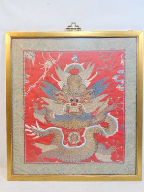 Chinese embroidery with dragon, metallic thread on silk, 17.25" by 15.75": Chinese embroidery with dragon, metallic thread on silk, 17.25" by 15.75"