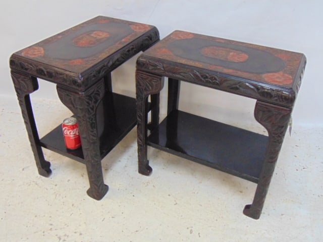 Pair Asian stands with carved floral decoration, each stand is 21.25" by 13" height is 22.75" (1 of 4)