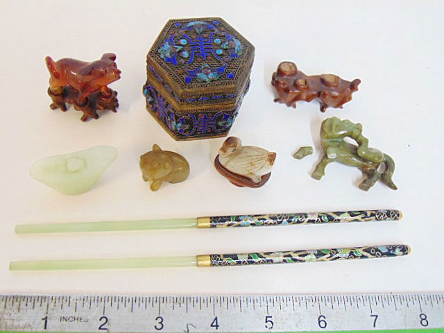 7 small Asian pieces, Jade duck, hardstone animal,, jade & cloisonné chopsticks, (1 of 15)