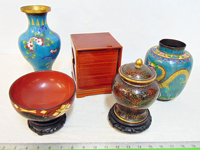 3 Asian cloisonne vases, Japanese wood bowl & small wood box with three drawers, (1 of 6)