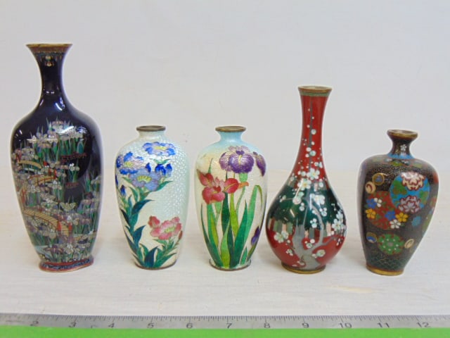 5 small Cloisonne bottles, vases, larger black vase has extensive repairs. (1 of 7)