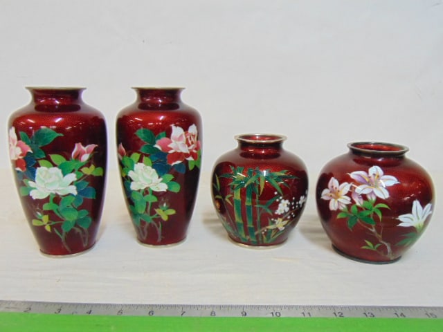 4 Japanese cloisonne over silver foil vases, includes a pair floral decorated, 7 1/8" & 2 single (1 of 7)