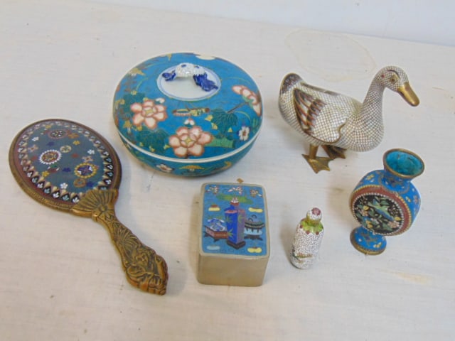 6 pieces cloisonne, ceramic lidded dish, cloisonne duck, vanity mirror, snuff bottle, miniature vase (1 of 11)