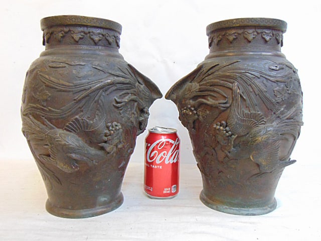 Pair Asian bronze urn with pheasant decorations, urns are 11.75" tall, both are missing bottoms. (1 of 4)