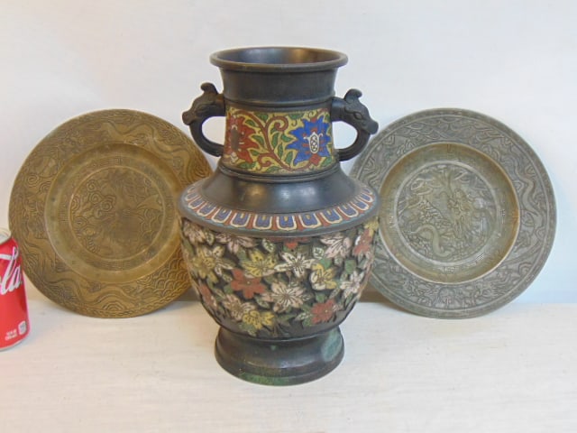 Pair bronze plates & champleve vase, floral decorated, urn is 12", plates are 10", urn missing (1 of 8)