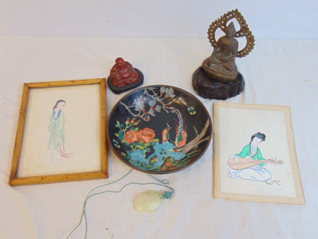 Asian lot to include Chinese dish, two Buddha figures, jade carving, two watercolors. (1 of 9)