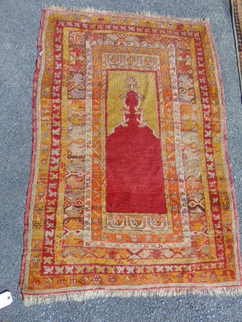 Prayer rug, orange & red, some wear, 62" by 42": Prayer rug, orange & red, some wear, 62" by 42"
