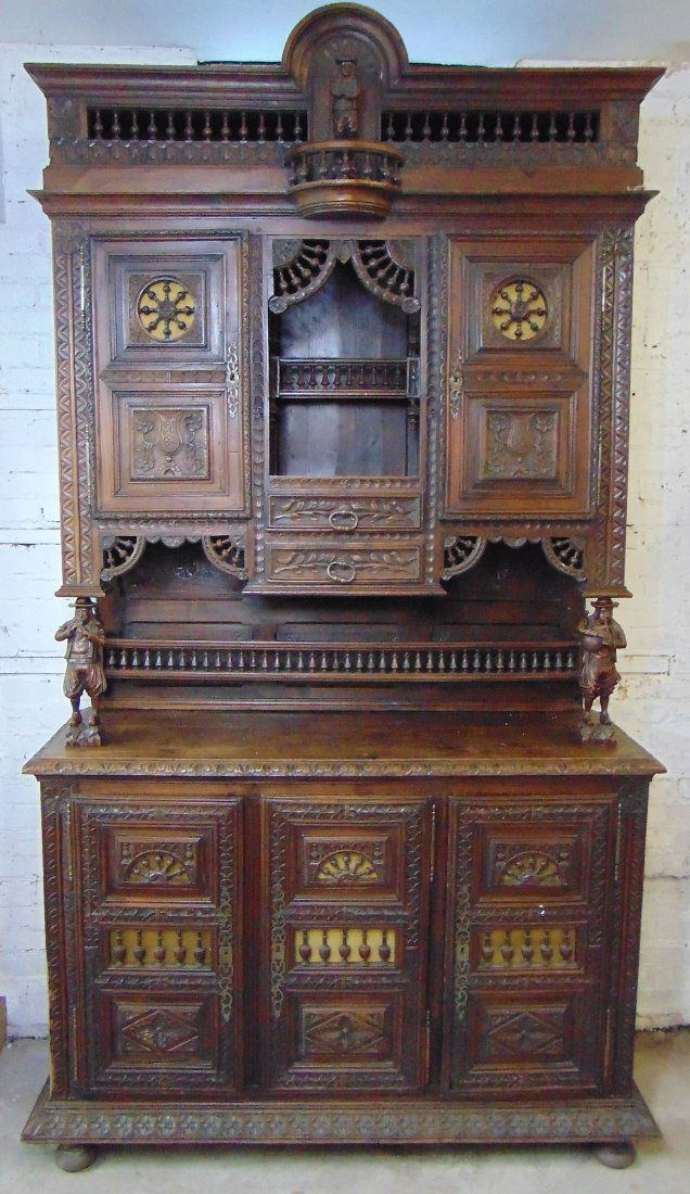 Breton 19th century cabinet, finely carved detail, two piece cabinet, top has drawered centered (1 of 12)