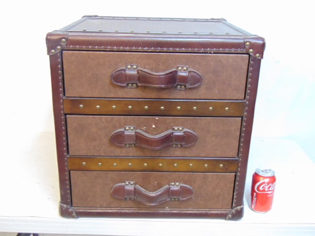 Andrew Martin style chest, three drawers in steamer trunk form, leather, 20.25" by 20", height is (1 of 4)