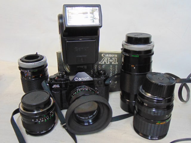 Canon A1 35mm camera with 6 lenses & auto flash, all lenses by Canon except one by Sigma. (1 of 11)